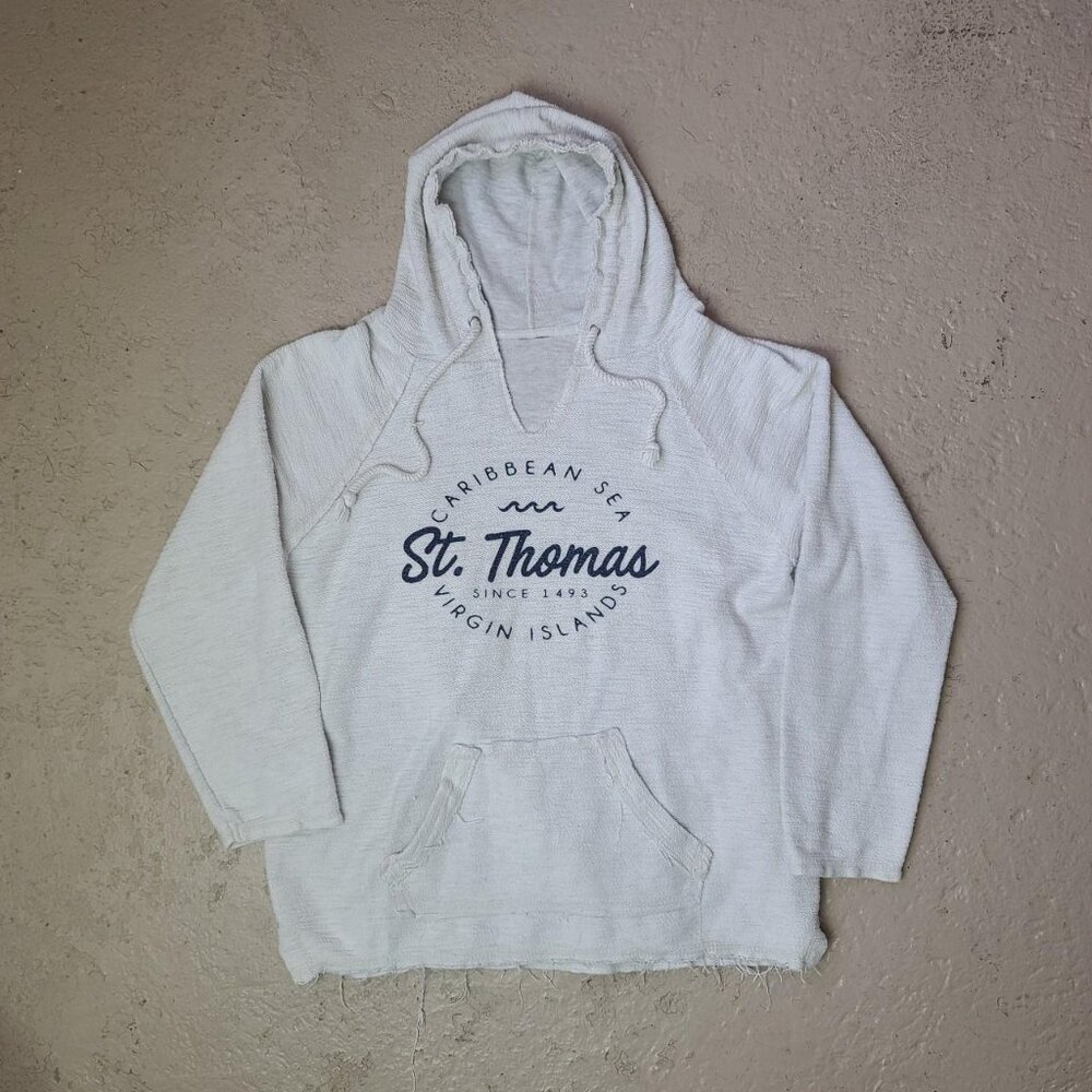 Vintage 'St Thomas' white raw edge beach hoodie pullover sweatshirt  men's L